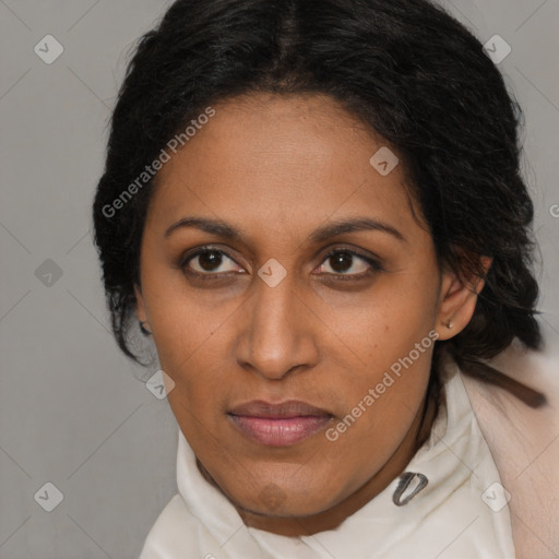 Joyful black young-adult female with long  brown hair and brown eyes