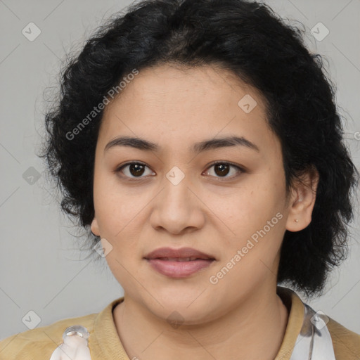 Joyful latino young-adult female with medium  black hair and brown eyes