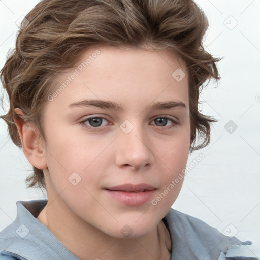 Neutral white child female with short  brown hair and grey eyes