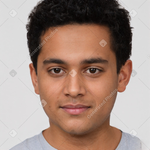 Neutral latino young-adult male with short  brown hair and brown eyes