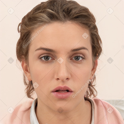 Neutral white young-adult female with medium  brown hair and grey eyes