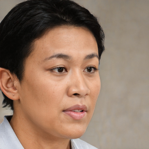 Neutral asian young-adult female with medium  black hair and brown eyes