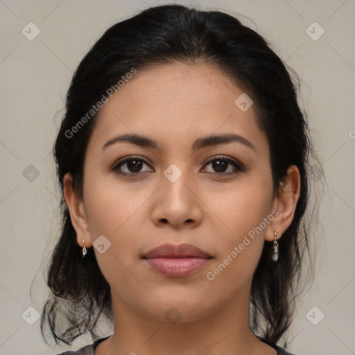 Joyful latino young-adult female with medium  brown hair and brown eyes