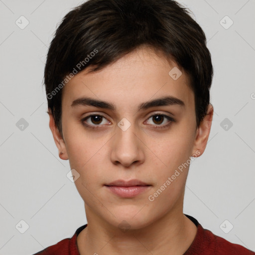 Neutral white young-adult female with short  brown hair and brown eyes