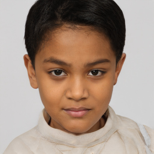 Joyful latino child female with short  brown hair and brown eyes