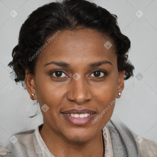 Joyful black adult female with short  brown hair and brown eyes
