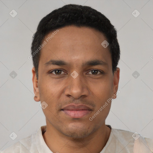 Neutral latino young-adult male with short  black hair and brown eyes