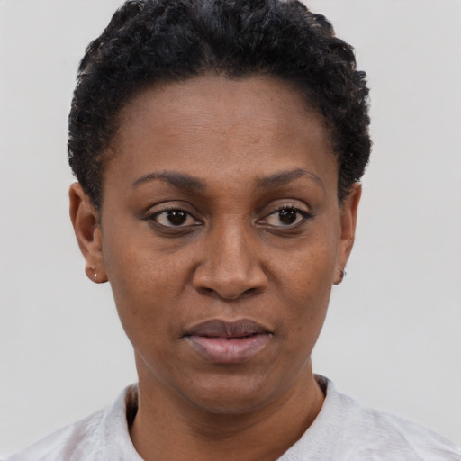 Neutral latino adult female with short  black hair and brown eyes