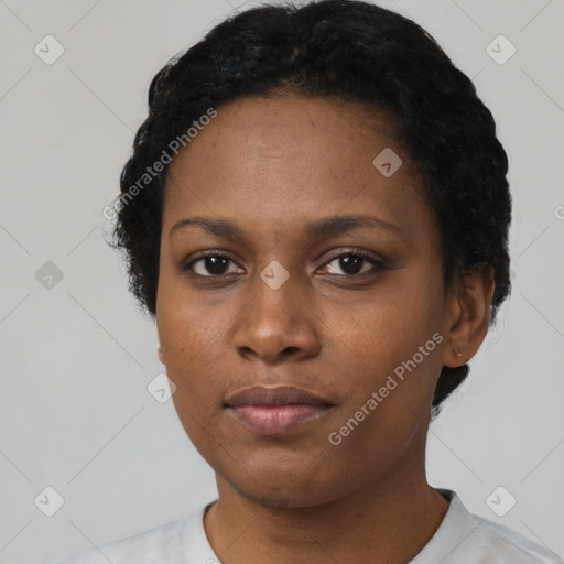 Neutral black young-adult female with short  black hair and brown eyes