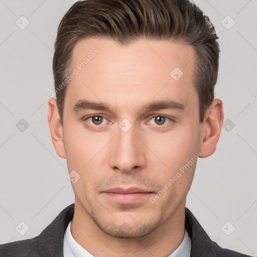 Neutral white young-adult male with short  brown hair and brown eyes