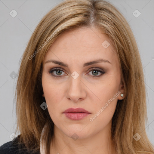 Neutral white young-adult female with long  brown hair and brown eyes