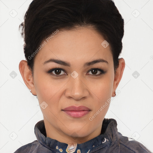 Joyful white young-adult female with short  black hair and brown eyes