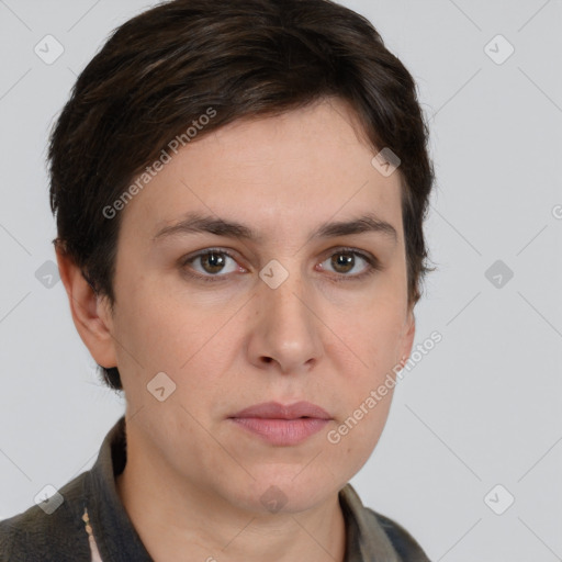 Neutral white young-adult female with short  brown hair and brown eyes