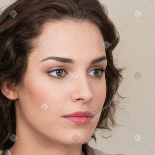 Neutral white young-adult female with medium  brown hair and grey eyes