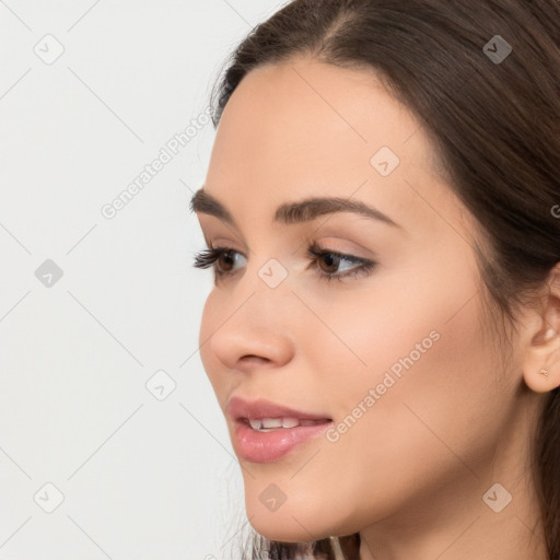 Neutral white young-adult female with medium  brown hair and brown eyes