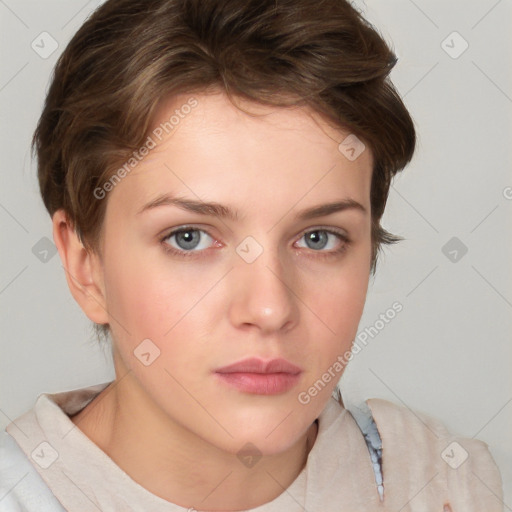 Neutral white young-adult female with short  brown hair and brown eyes