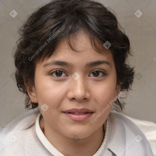Joyful white child female with medium  brown hair and brown eyes