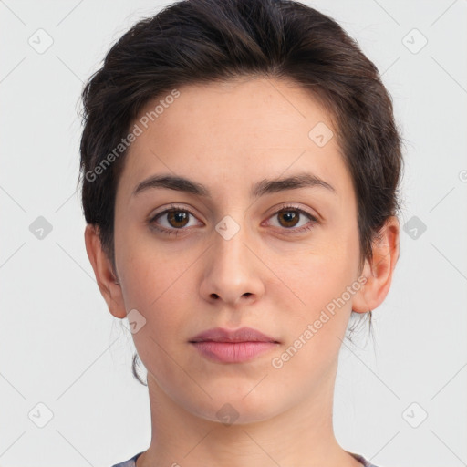 Neutral white young-adult female with short  brown hair and brown eyes