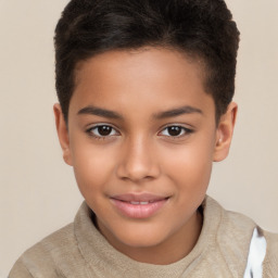 Joyful latino child female with short  brown hair and brown eyes