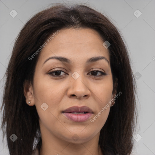 Joyful asian adult female with medium  brown hair and brown eyes