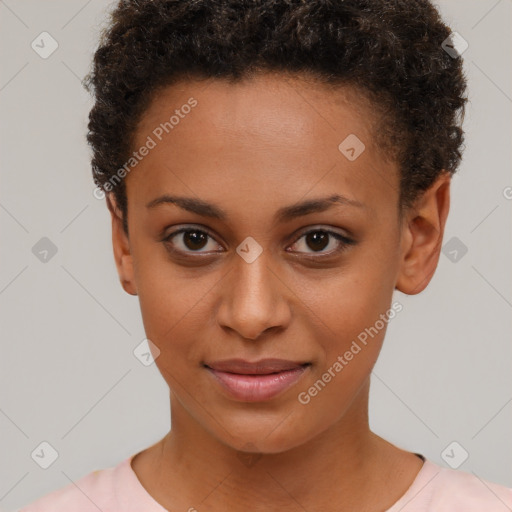 Joyful black young-adult female with short  brown hair and brown eyes