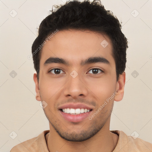 Joyful white young-adult male with short  black hair and brown eyes