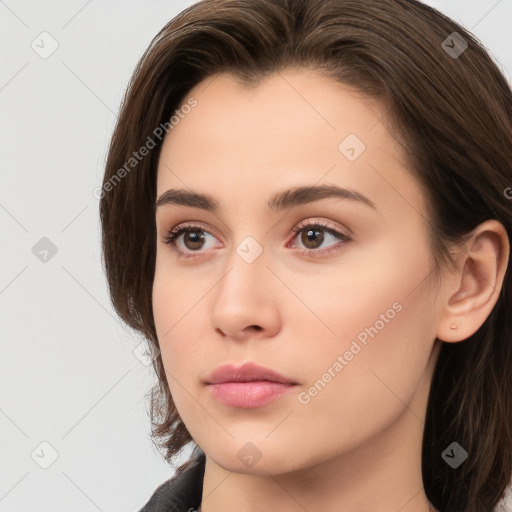 Neutral white young-adult female with medium  brown hair and brown eyes