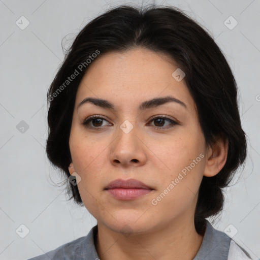 Neutral asian young-adult female with medium  brown hair and brown eyes