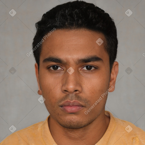 Neutral latino young-adult male with short  black hair and brown eyes