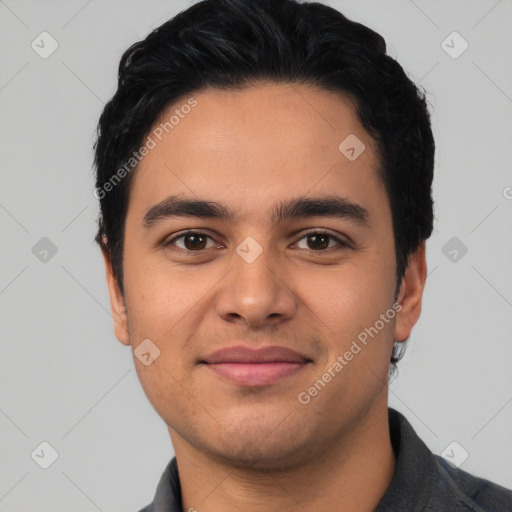 Joyful latino young-adult male with short  black hair and brown eyes