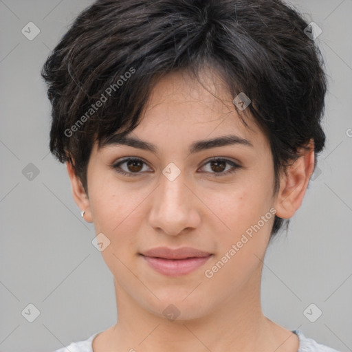 Joyful white young-adult female with short  brown hair and brown eyes