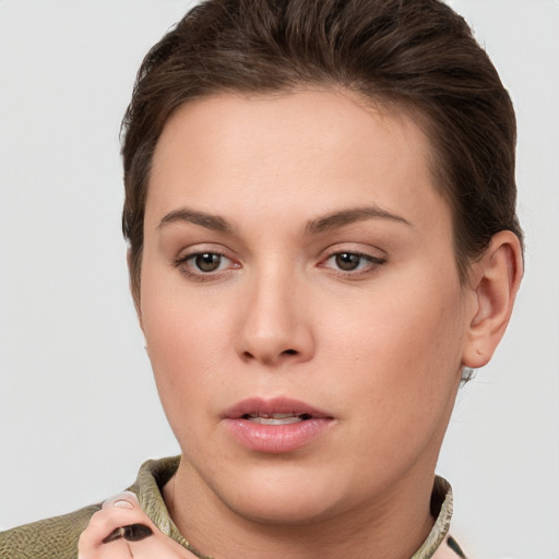 Neutral white young-adult female with short  brown hair and brown eyes