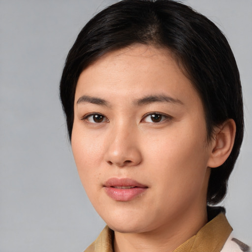 Neutral asian young-adult female with medium  brown hair and brown eyes