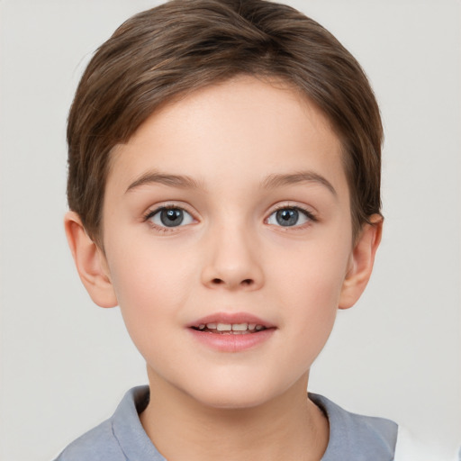 Joyful white child female with short  brown hair and brown eyes