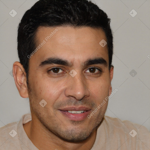 Joyful white young-adult male with short  brown hair and brown eyes
