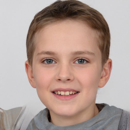 Joyful white child female with short  brown hair and grey eyes