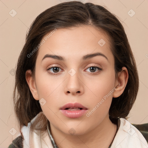 Neutral white young-adult female with medium  brown hair and brown eyes