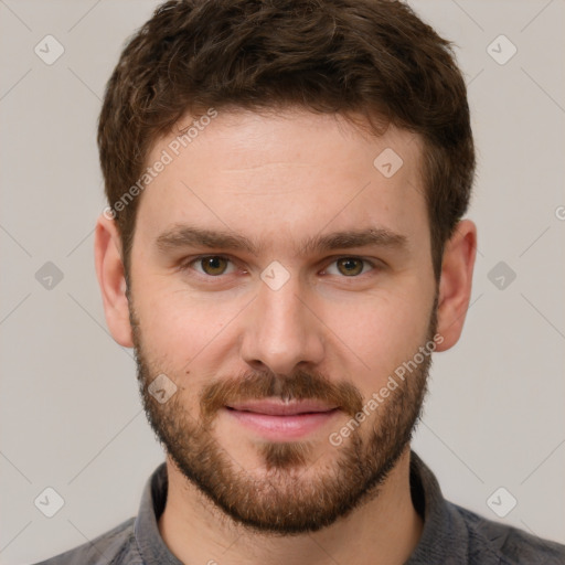 Neutral white young-adult male with short  brown hair and grey eyes