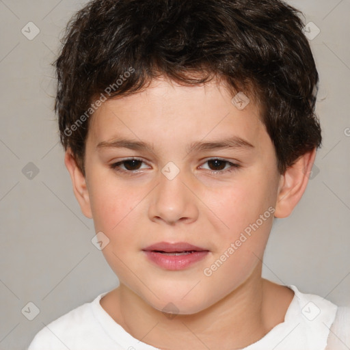 Joyful white child male with short  brown hair and brown eyes