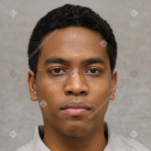 Neutral black young-adult male with short  black hair and brown eyes