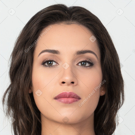 Neutral white young-adult female with medium  brown hair and brown eyes