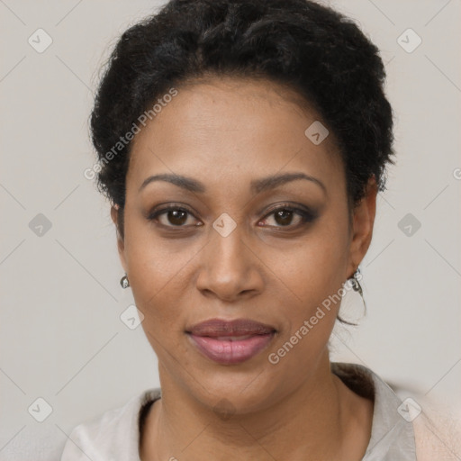 Joyful latino young-adult female with short  black hair and brown eyes