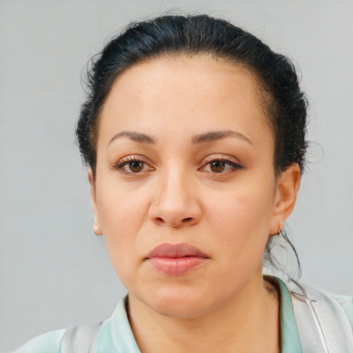 Neutral white adult female with short  brown hair and brown eyes