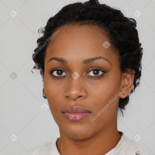 Neutral black young-adult female with short  black hair and brown eyes