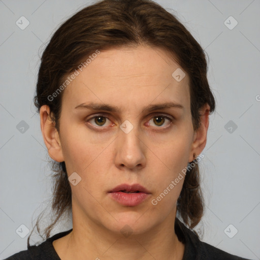 Neutral white young-adult female with medium  brown hair and brown eyes