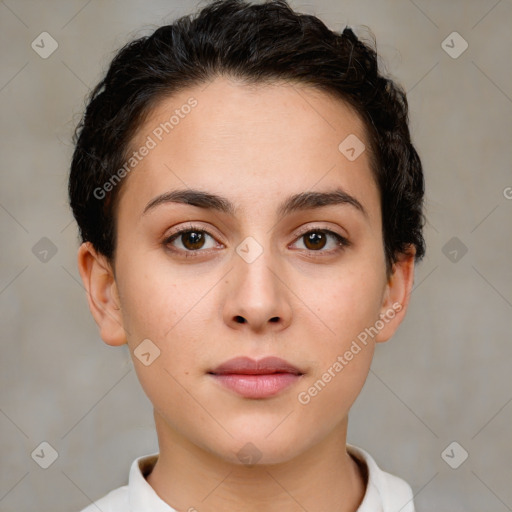 Neutral white young-adult female with short  brown hair and brown eyes