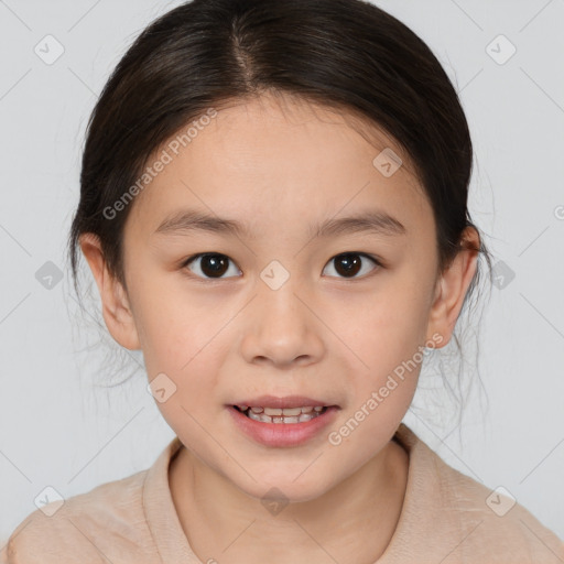 Joyful white child female with medium  brown hair and brown eyes