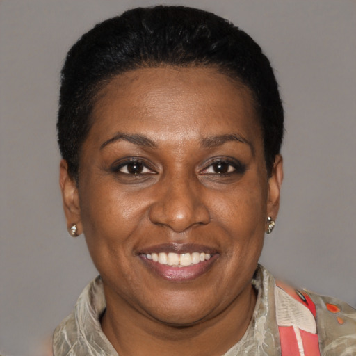 Joyful black adult female with short  brown hair and brown eyes