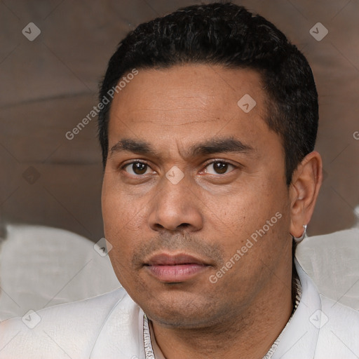 Neutral white adult male with short  black hair and brown eyes