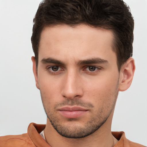 Neutral white young-adult male with short  brown hair and brown eyes